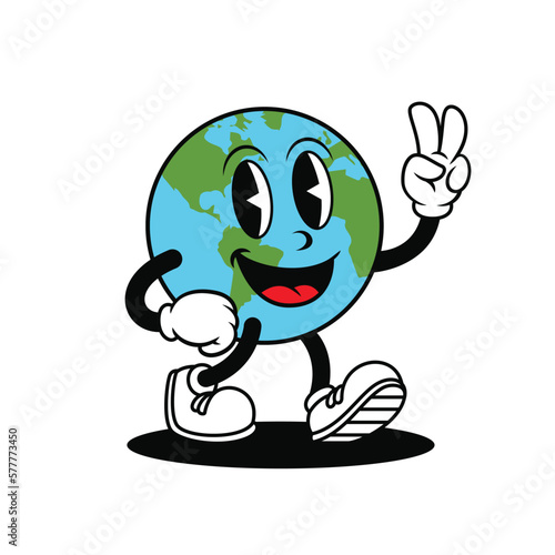 Earth cartoon retro. by the hand of peace. earth mascot illustration photo