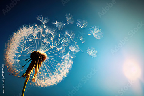 Flying Dandelion seeds in the morning sunlight blowing away in the wind across a blue sky. Generative Ai