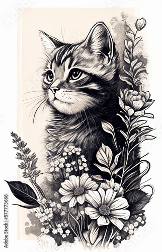 Sweet Cat Portrait with Flowers - 80's sweater kitty Sketch Line Drawing Style Cute, Sweet, Cat, Portrait, Sketch, Line Drawing, Style, Flowers, Adorable, Drawn, Picture (generative AI, AI) photo