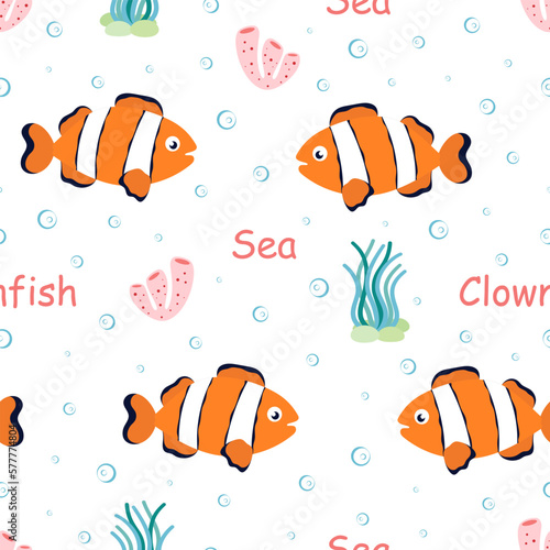 cartoon seamless pattern with clownfish, vector illustration