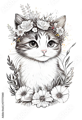 Sweet Cat Portrait with Flowers - 80's sweater kitty Sketch Line Drawing Style Cute, Sweet, Cat, Portrait, Sketch, Line Drawing, Style, Flowers, Adorable, Drawn, Picture (generative AI, AI) © yesdoubleyes