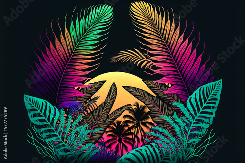 A hymn to the bright colors of the sunset behind vibrant tropical leaves, which stretches over a black background. Emotions, colors and atmosphere guaranteed. Generative AI