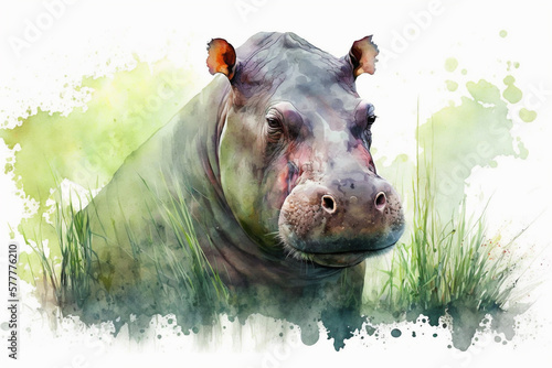 Watercolor painting of peaceful hippo with copy space for text. Beautiful artistic animal portrait for poster, wallpaper, art print. Made with generative AI.