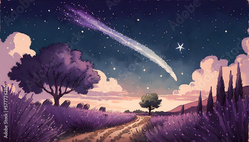 Lavender landscape illustration with moon and stars, generative AI (ID: 577776280)