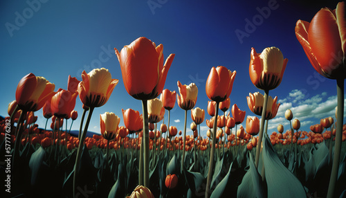 Tulips field in spring, blue skies, generative AI (ID: 577776282)