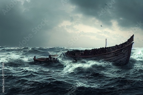 Murais de parede Boat of migrants from Africa at the mercy of the waves of a stormy Mediterranean Sea