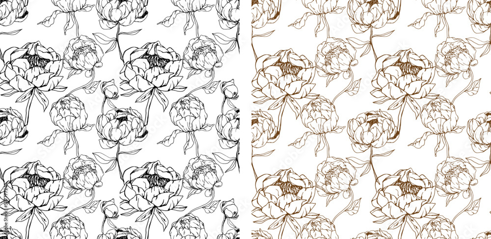 Fototapeta premium Floral pattern drawn with thin lines in vector format. Seamless floral pattern. Peonies and leaves on a white background. Flowers sketching. Line art. Ink. Seamless floral fabric print. 