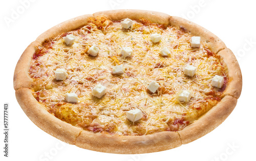 Delicious pizza with cheese: mozzarella, feta, parmesan and cheddar, cut out