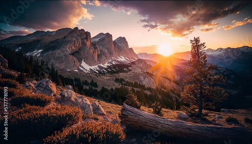 A beautiful mountain range at sunset 35mm lens f/8 naturalistic wide Generative AI