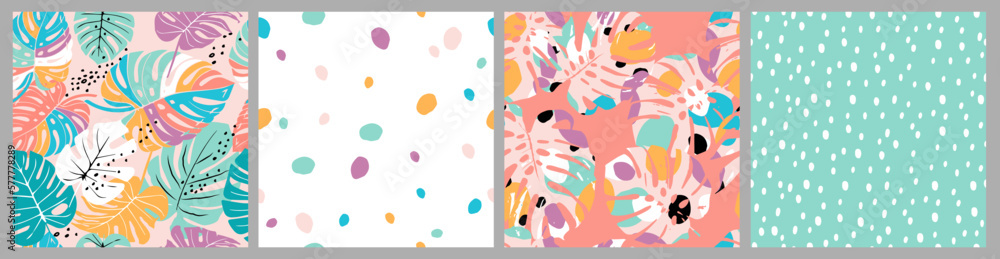 Set of Hand drawn tropical leaf and flowers, polka dot, abstract backgrounds. Seamless patterns with floral for fabric, textiles, clothing, wrapping paper, cover, interior decor. Set of Hand drawn tropical leaf and flowers, polka dot, abstract backgrounds. Seamless patterns with floral for fabric, textiles, clothing, wrapping paper, cover, interior decor.