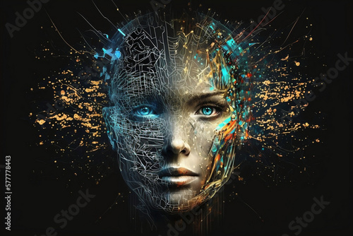 Digital concept art of human echo face created by wires, butterflies, nerves, cables, low poly, paper quilling. Generative AI photo