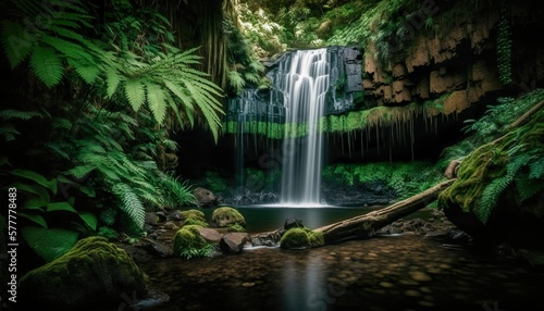 A captivating photograph of a waterfall in a lush green forest 35mm lens f16 dramatic standard lens  Generative AI