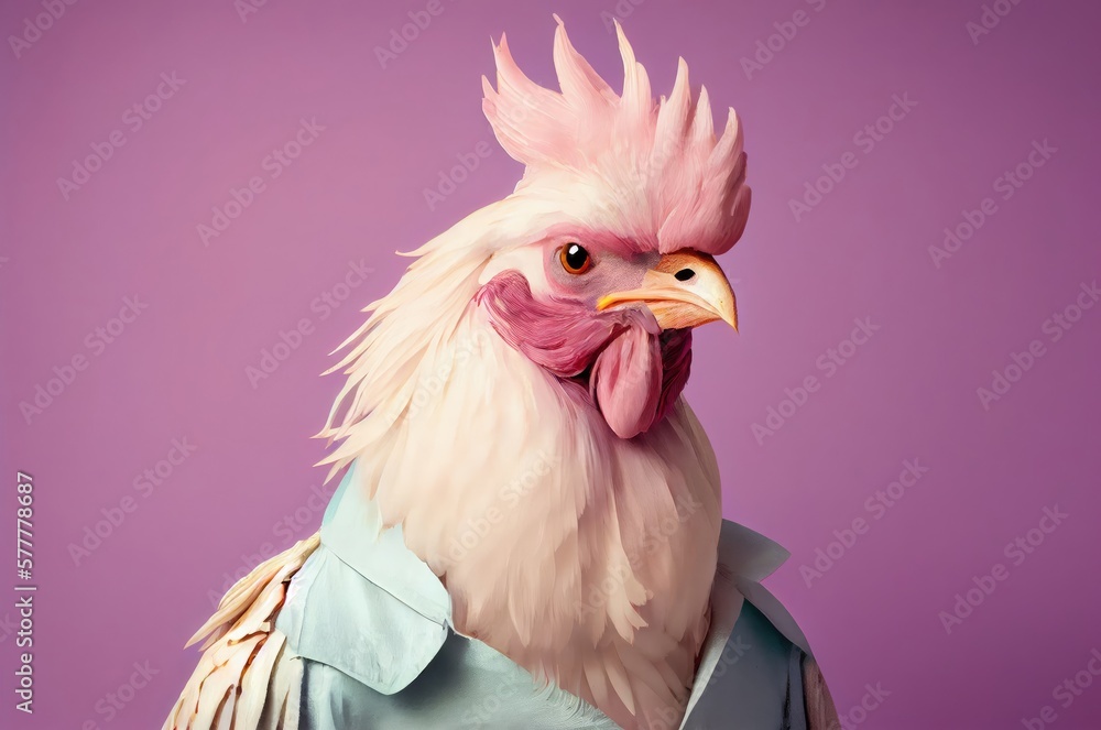 Chicken On Purple Background Posing In Pastel Clothing With Copyspace Generative AI