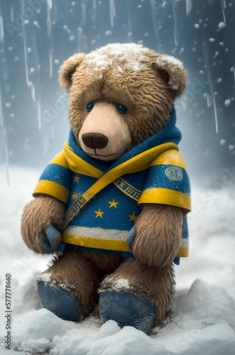 Generative AI illustration of Teddy Bear crying and sad dressed in the flag of Ukraine photo