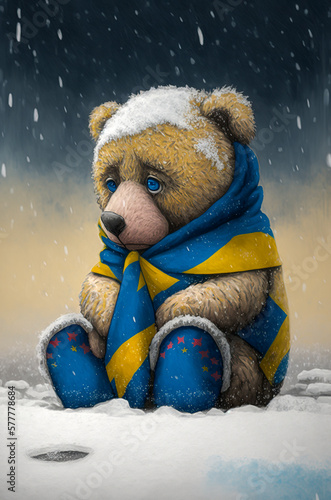 Generative AI illustration of Teddy Bear crying and sad dressed in the flag of Ukraine photo