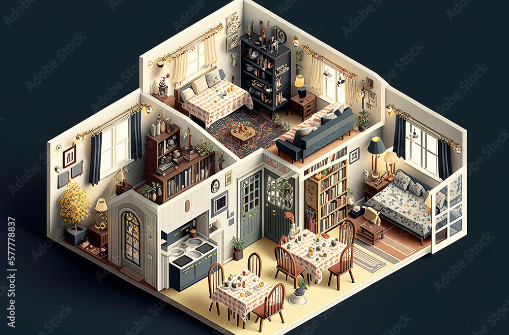 Naklejka premium Generative AI of Isometric concept illustration of isometric business office plan.Architects office,bank offices,safe,furnished
