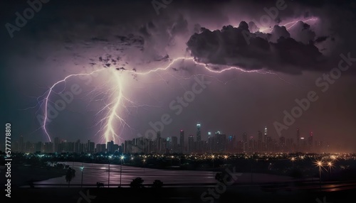 A dramatic lightning storm over a city skyline at night 50mm lens f5.6 intense normal lens  Generative AI