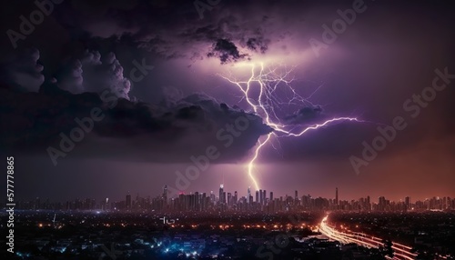 A dramatic lightning storm over a cityscape at night 85mm lens f2 cinematic telephoto lens Generative AI