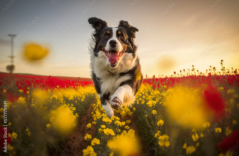 Φωτογραφία Generative AI of Border Collie Dog playing and jumping in a field of red and yel