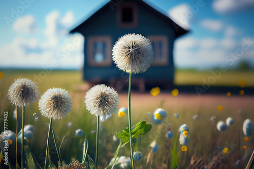 Dandelions close-up on nature in spring against backdrop of summer house and blue sky. Generative A