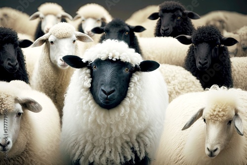 black sheep in flock counting numbers among white furred animals, created with generative ai