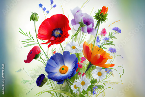 Grußkarte - bunte Blumenwiese - Sommerblumen. Generative Ai © hassanmim2021