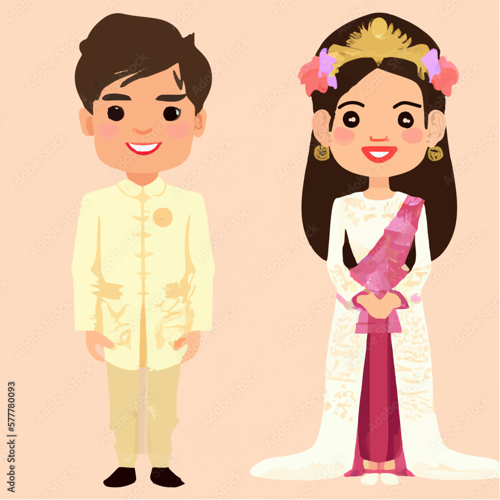 cute bride groom together cartoon vector 
