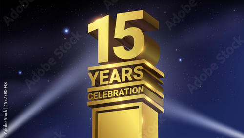 15th Years Celebration, 3D Gold Statue with Spotlights, Luxury Hollywood Light, Vector Illustration