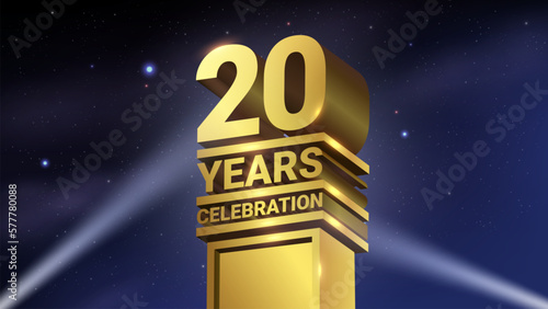 20th Years Celebration, 3D Gold Statue with Spotlights, Luxury Hollywood Light, Vector Illustration