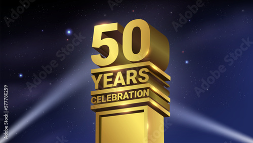 50th Years Celebration, 3D Gold Statue with Spotlights, Luxury Hollywood Light, Vector Illustration