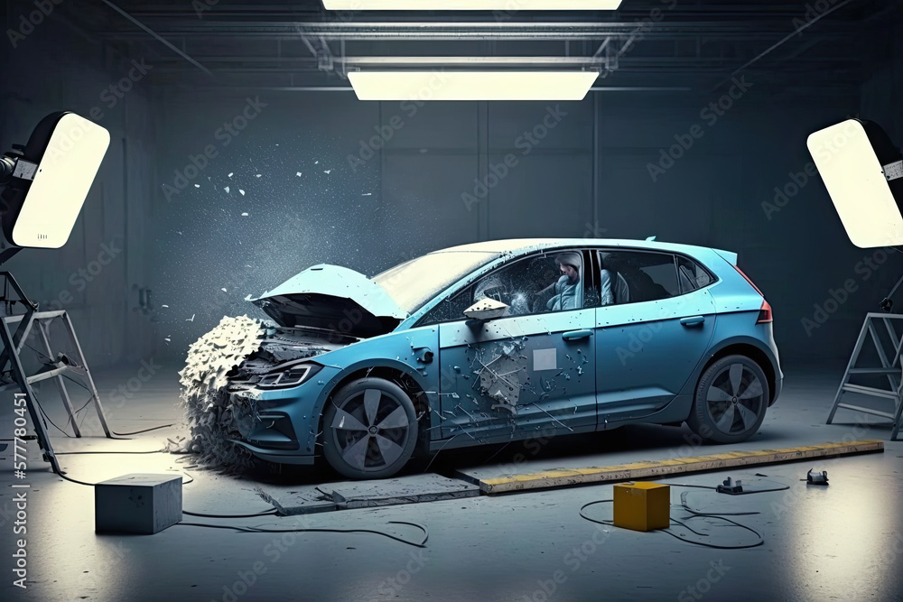 Car crash accident concept with broken car in garage. Generative AI