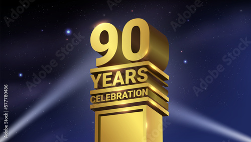 90th Years Celebration, 3D Gold Statue with Spotlights, Luxury Hollywood Light, Vector Illustration