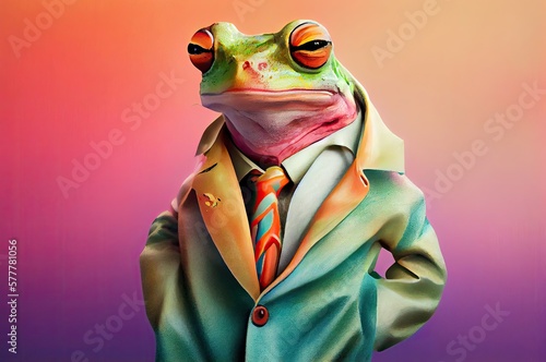 Frog On Colorful Background Posing In Light Pastel Colored Clothing With Copyspace Generative AI