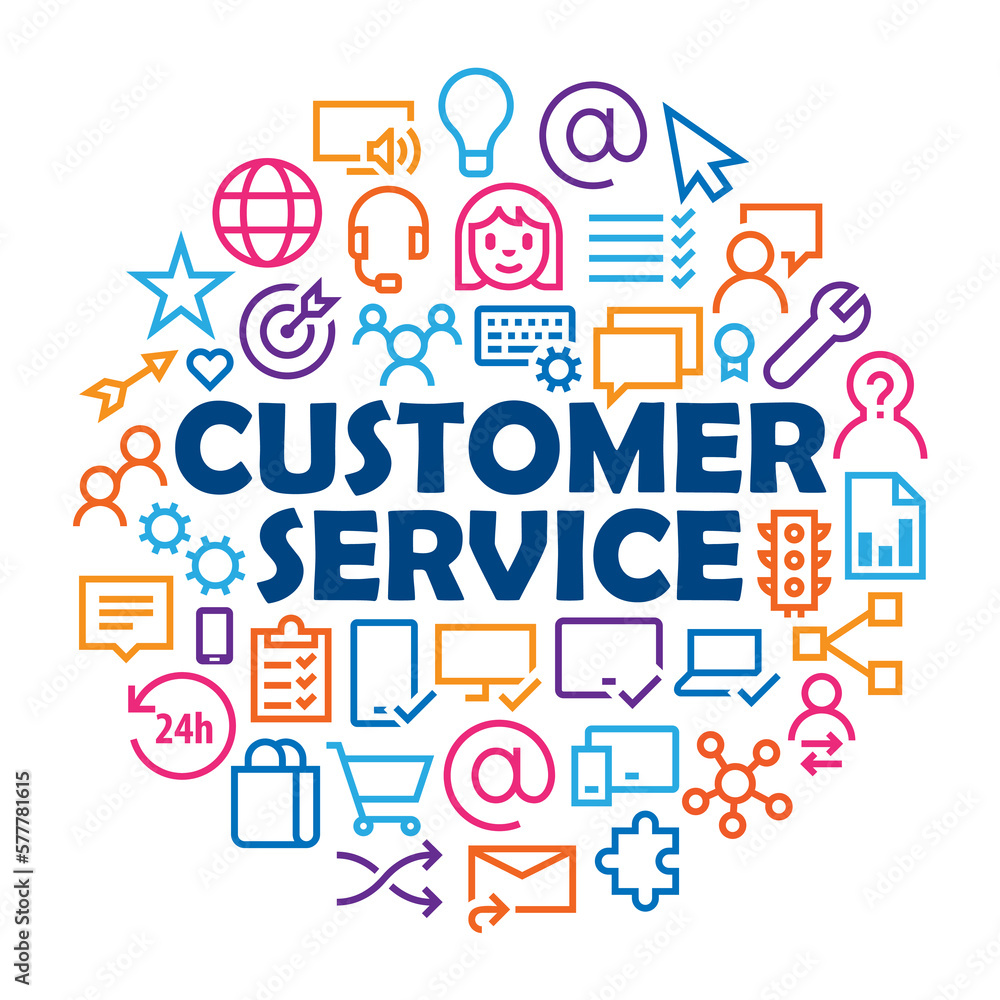 CUSTOMER SERVICE with related icons arranged in a circle on white background