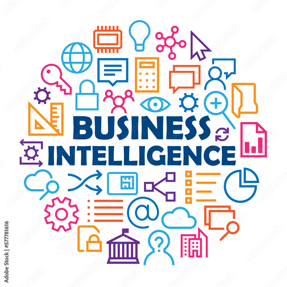 BUSINESS INTELLIGENCE with related icons arranged in a circle on white background