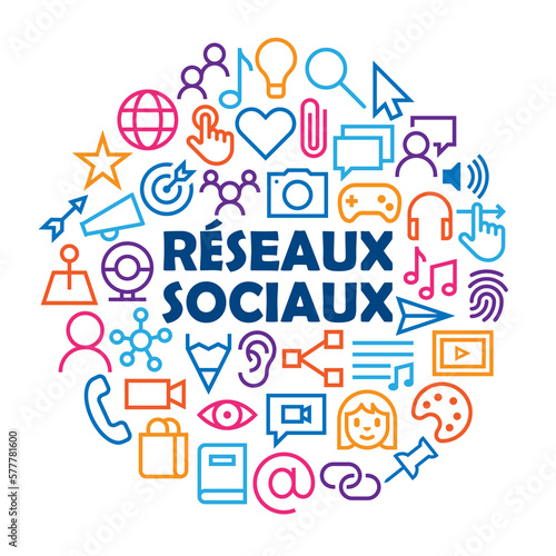 RESEAUX SOCIAUX concept business vecteur avec icônes colorés sur fond blanc
