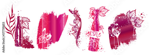 Wine Designs - Collection of wine glasses and bottles. Hand drawn elements for invitation cards, advertising banners, menus in gold style. Wine glasses with splashing wine. Sketch vector illustration.