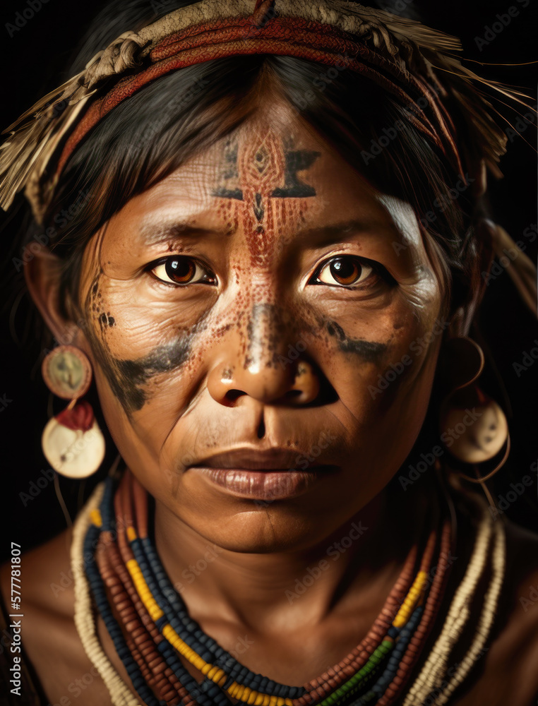 Tribal Portrait-Yanomami Tribal Woman-Black Background-Generative AI ...