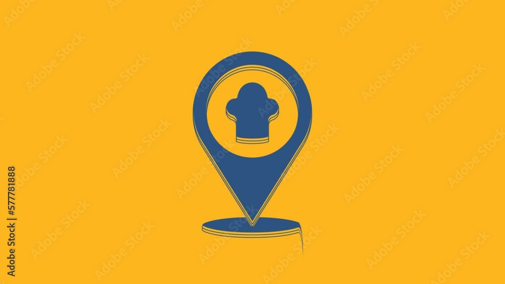 Blue Chef hat with location icon isolated on orange background. Cooking symbol. Cooks hat. 4K Video motion graphic animation