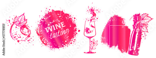 Wine Designs - Collection of wine glasses and bottles. Hand drawn elements for invitation cards, advertising banners, menus in gold style. Wine glasses with splashing wine. Sketch vector illustration.