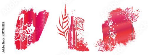 Wine Designs - Collection of wine glasses and bottles. Hand drawn elements for invitation cards, advertising banners, menus in gold style. Wine glasses with splashing wine. Sketch vector illustration.