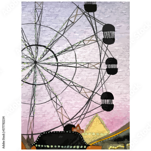 watercolor hand drawing watercolor illustration amusement park, ferris wheel
