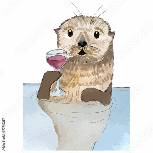 watercolor hand drawn watercolor illustration of a beaver in water with a glass of red wine