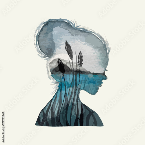 watercolor hand drawn watercolor illustration image of a woman with a lake, mountains, plants