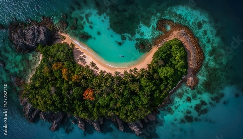 A stunning aerial view of a tropical island paradise 50mm lens f/8 vivid standard lens Generative AI