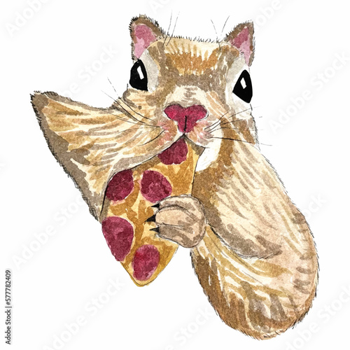 watercolor hand drawn watercolor illustration of a squirrel eating pizza