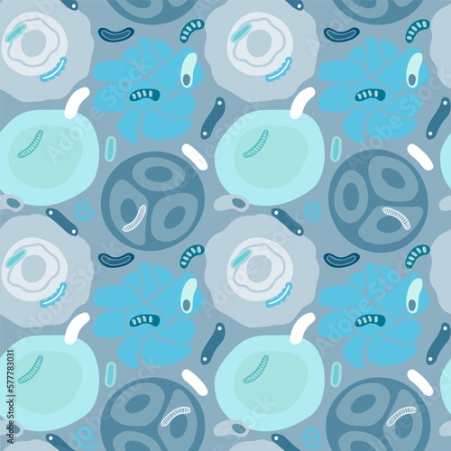 Seamless pattern of blue molecules, cells of virus, bacteria.