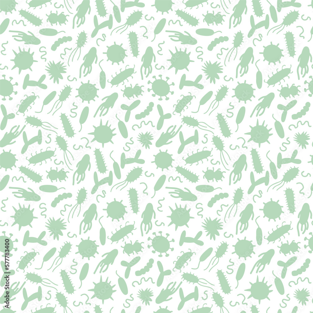 Green silhouette of microorganisms, bacteria, germs seamless pattern.