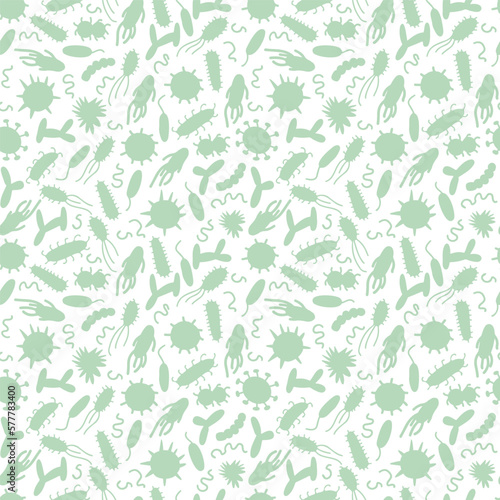 Green silhouette of microorganisms, bacteria, germs seamless pattern.