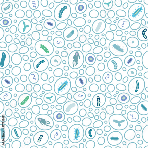 Microbe seamless pattern. Molecules, cells of virus, bacteria in bubbles on white background